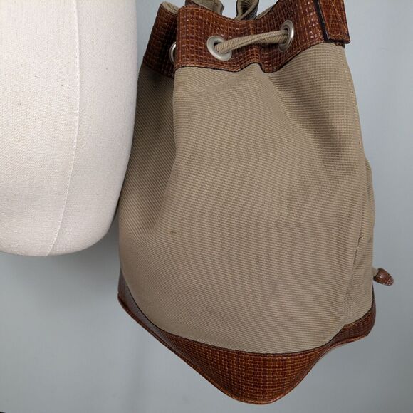 Vintage Talbots Bucket Bag Tan Brown Y2K Handbag Purse Leather Canvas Crossbody - Picture 6 of 16